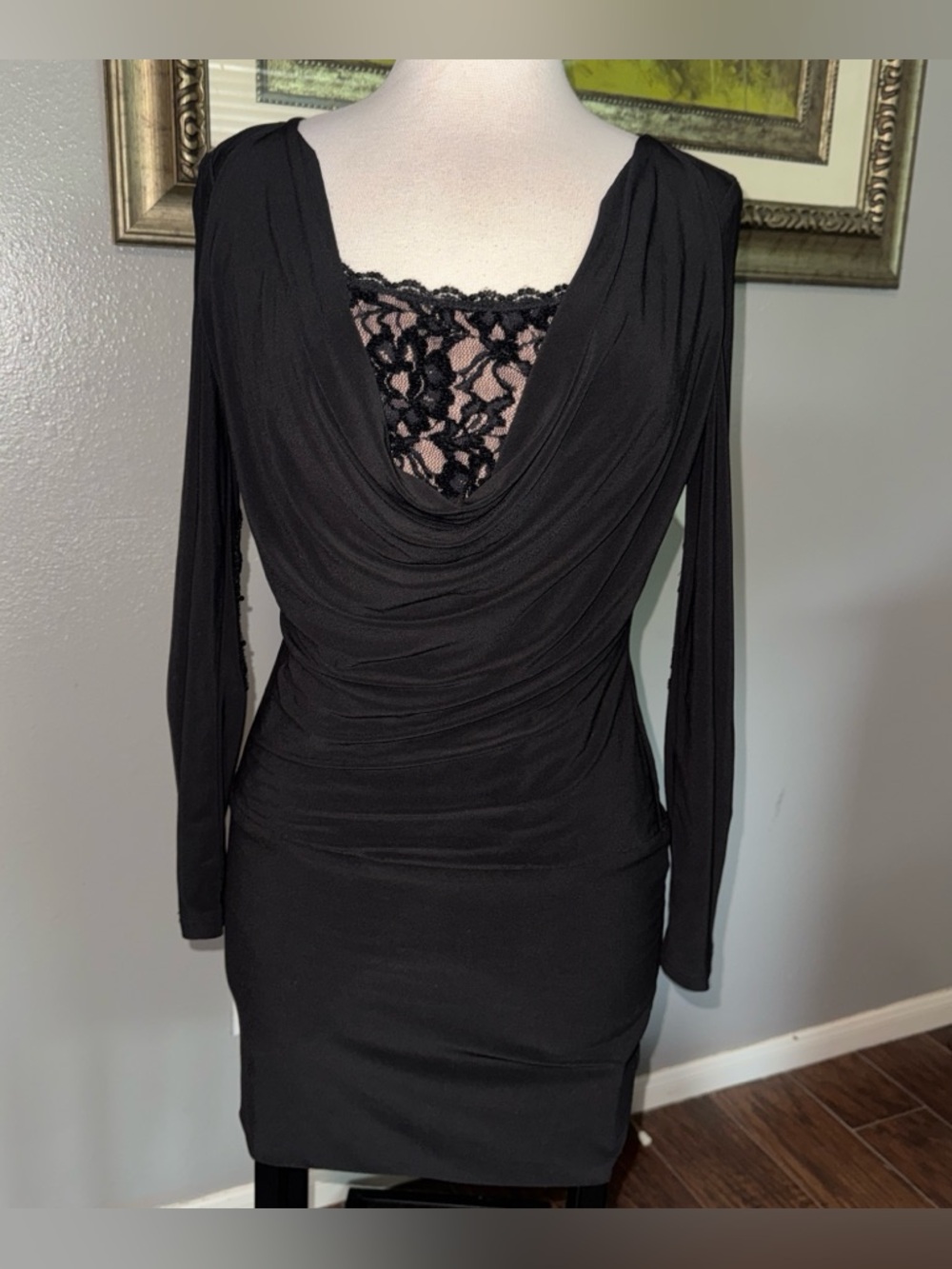 Joseph Ribkoff Black Long-Sleeve Draped Lace-Front Bodycon Dress